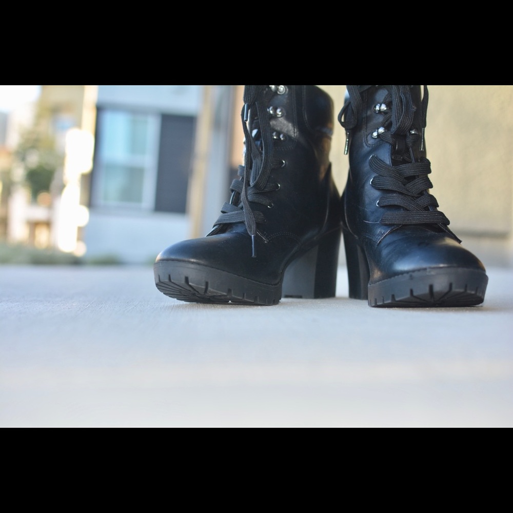 Black heeled leather lace up combat boots!